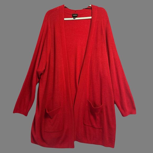 Torrid Open Front Cardigan Sweater Plus Size 5 5X Red Ribbed Knit Pockets Office - Picture 2 of 7